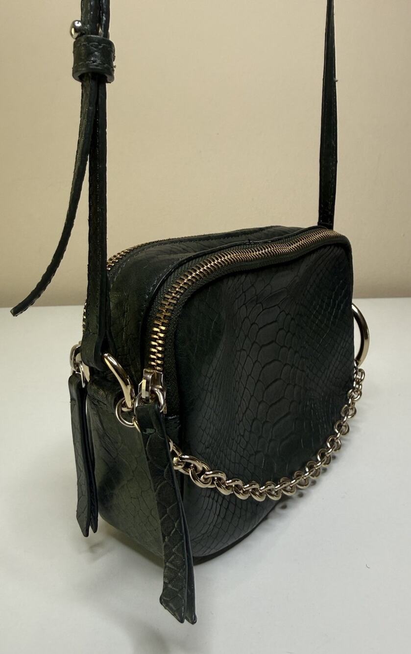 & Other Stories Camera Bag Green Embossed Leather Chain Accent Zipper Crossbody